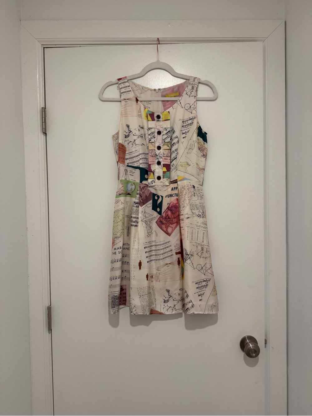 Silk Newspaper and Sheet Music Print Sleeveless Button-Front Mini Dress